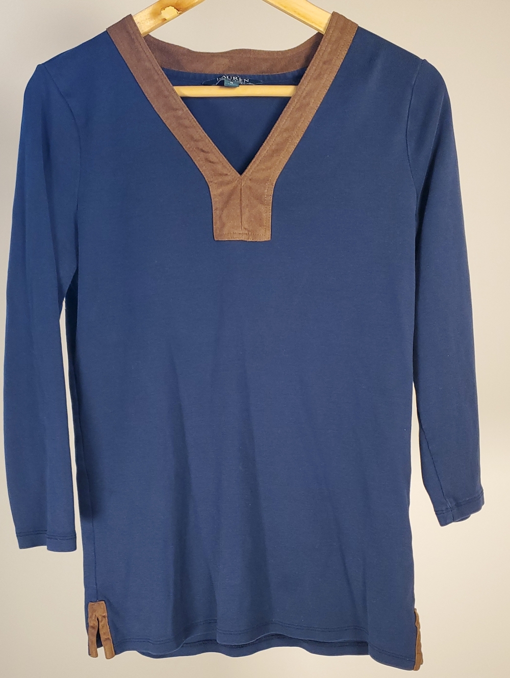 Lauren Ralph Lauren Navy Long-Sleeve V-Neck Shirt with Brown Trim Accents